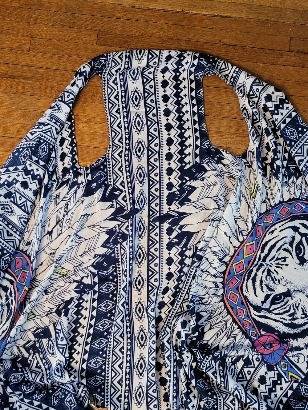 Navy & White Aztec Tiger Print Flowy Sleeveless Top with Pink Accents - Picture 4 of 4